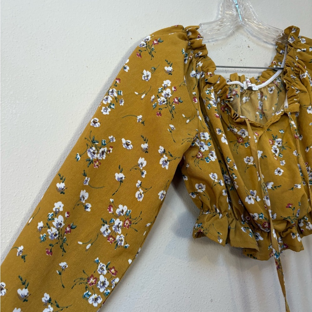 Floral Mustard Yellow Cropped Peasant Top Long Sleeve Cottagecore M Romwe - Picture 4 of 7